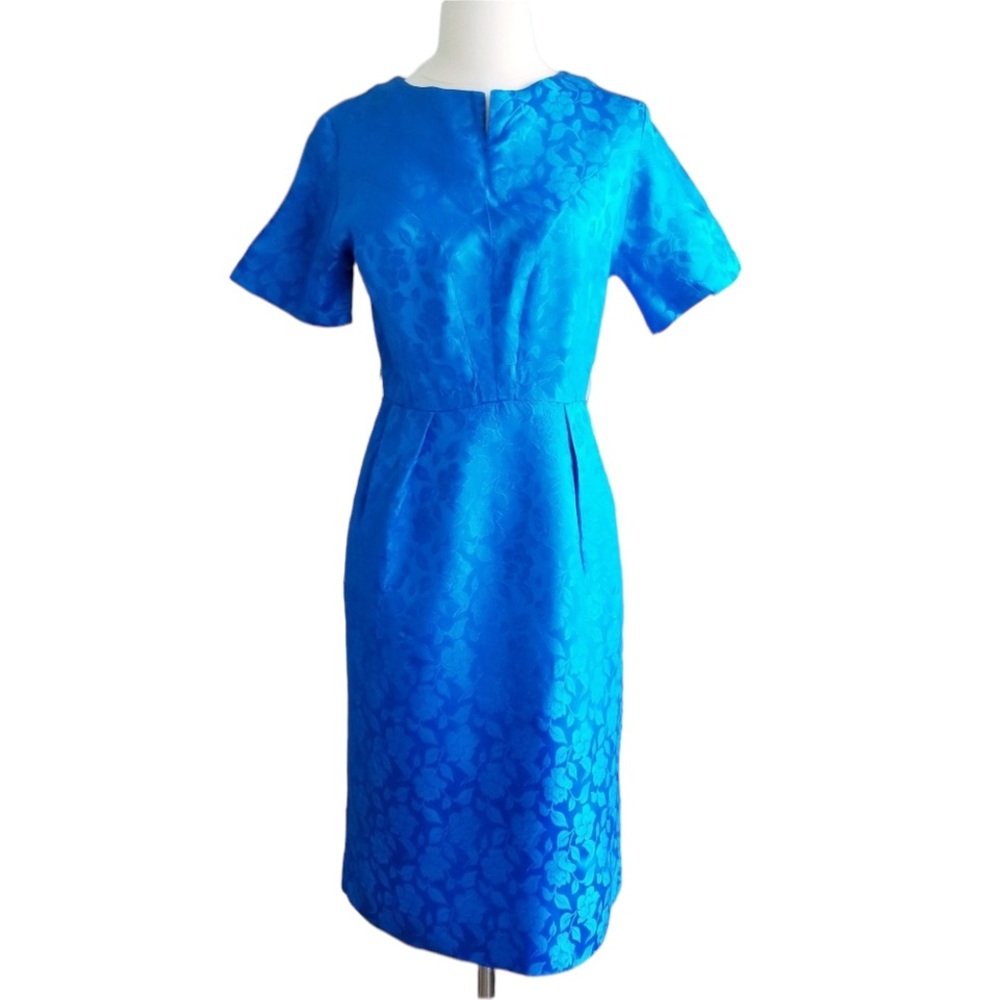 1950s Unlabeled Blue Floral Embossed Wiggle Dress